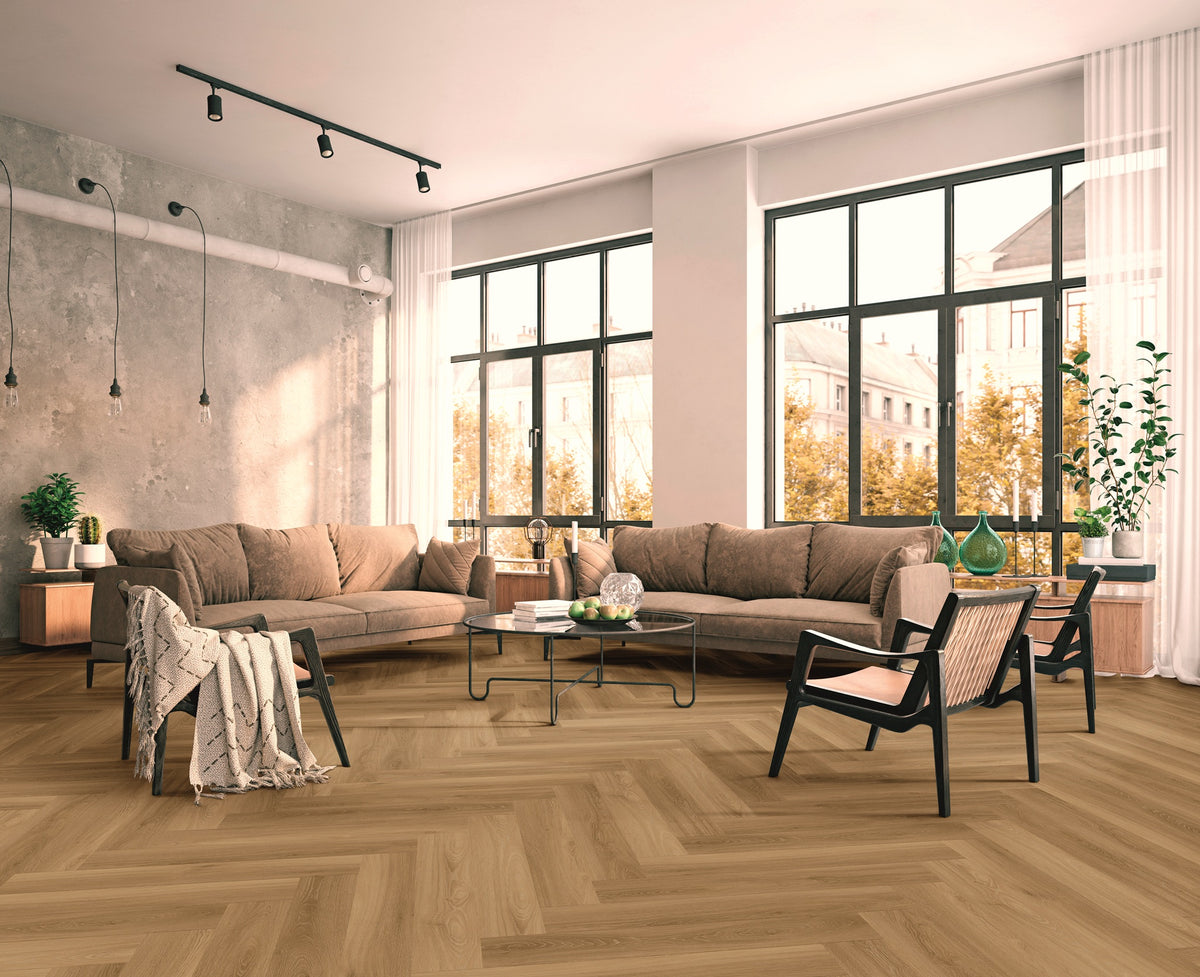 TreeFloor Enia Strix Herringbone Flooring Oak Natural Plak PVC dryback