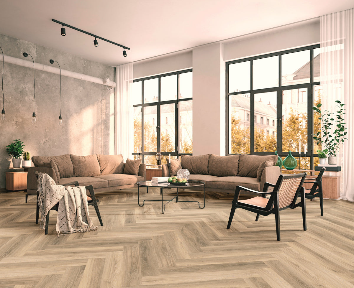 TreeFloor Enia Strix Herringbone Flooring Oak Grey PVC Dryback