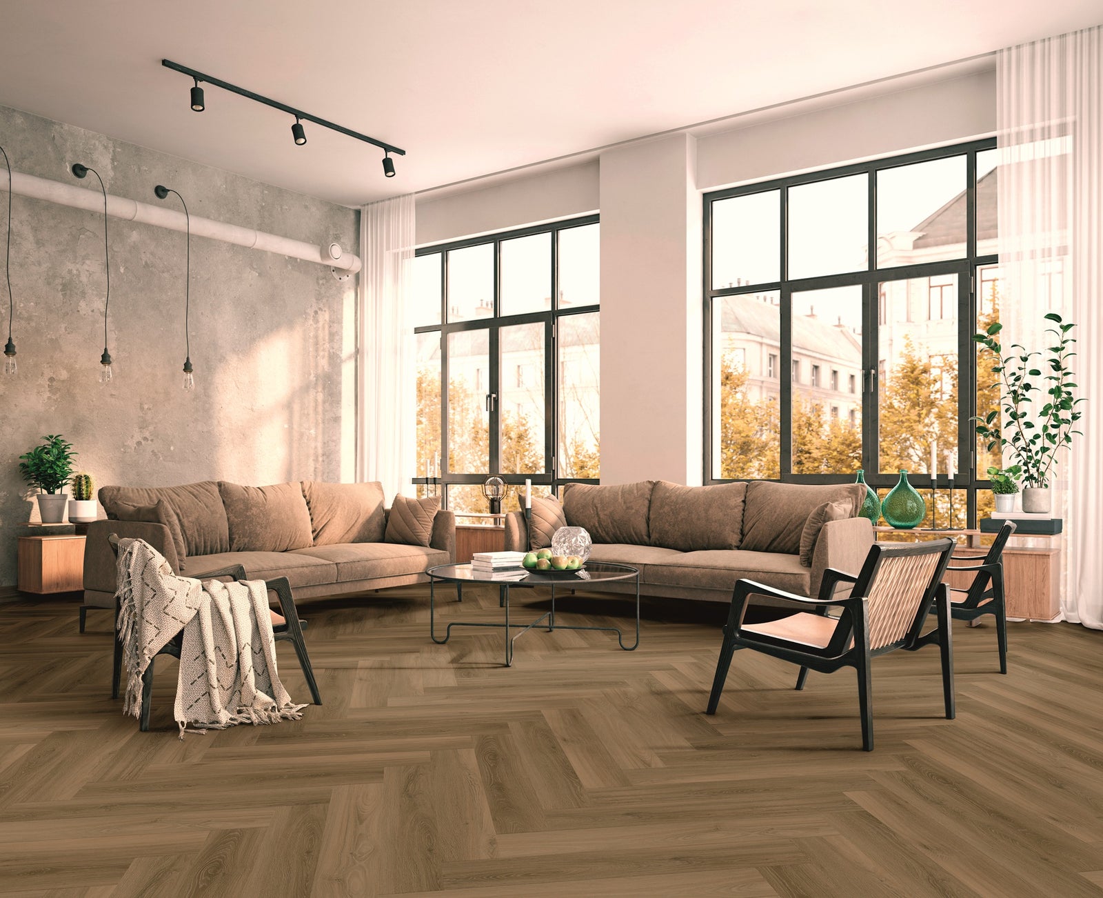 TreeFloor Enia Strix Herringbone Flooring Oak Brown PVC Dryback