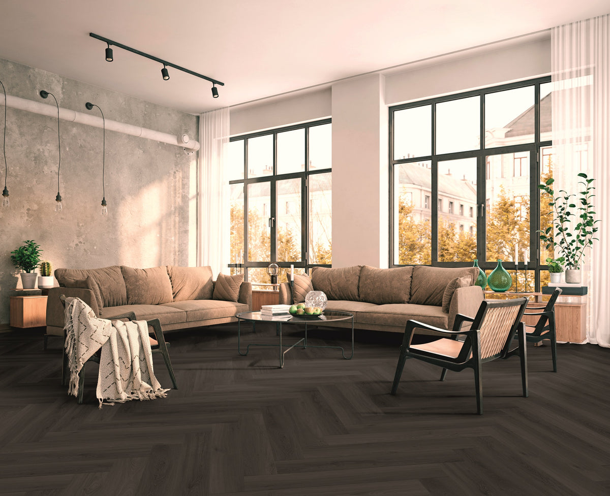 TreeFloor Enia Strix Herringbone Flooring Oak Black PVC Dryback